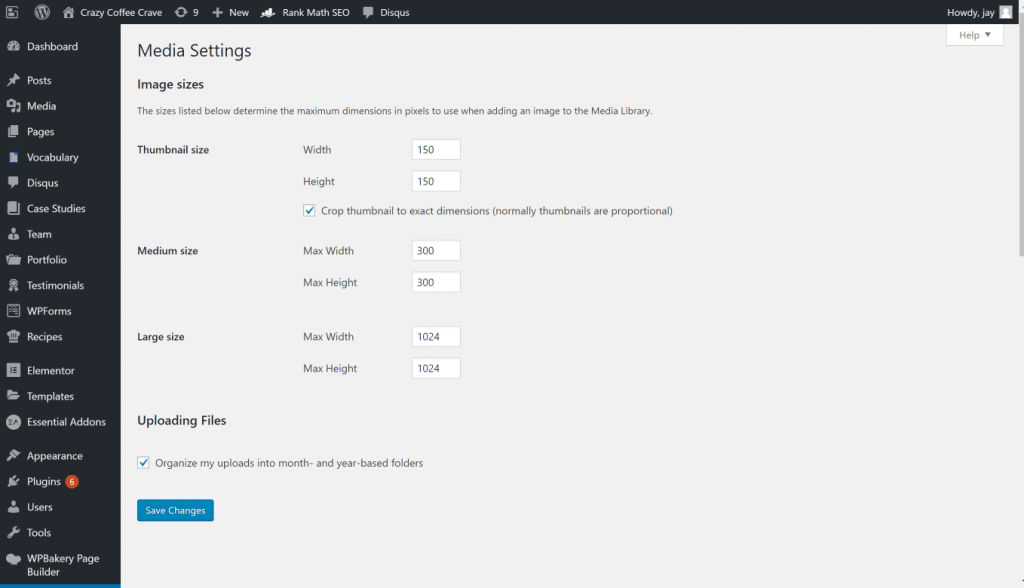 Impostazioni media di WordPress